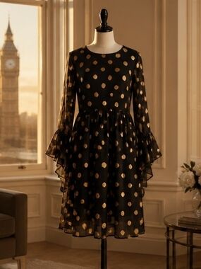 Queen B Maternity Black Dress with Metallic Gold Dot Print, Long Sleeve W/ruffle